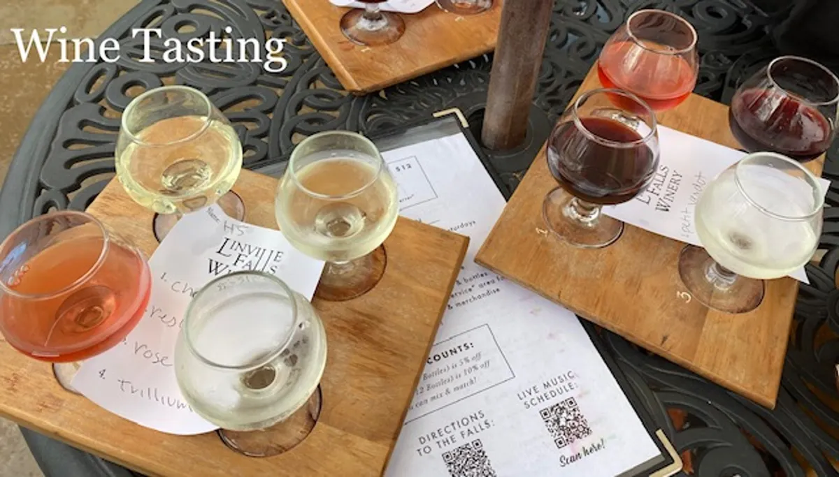 An inviting interior scene set up for a wine tasting, featuring glasses, wooden tasting boards, and a menu. The ambiance is warm and social, suggesting opportunities for gathering, celebration, and sampling local flavors.